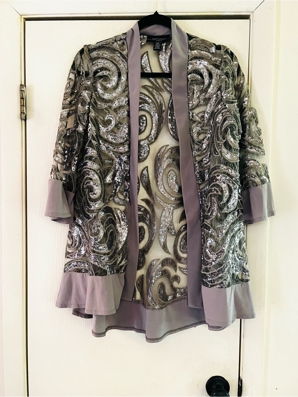 VTG 90s Sheer Lace Sequin Fairycore Art Deco Sheer Duster Kimono L